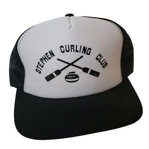 Vintage Retro 80s Black White Curling Club Snap Back Trucker Hat, Mesh Cap